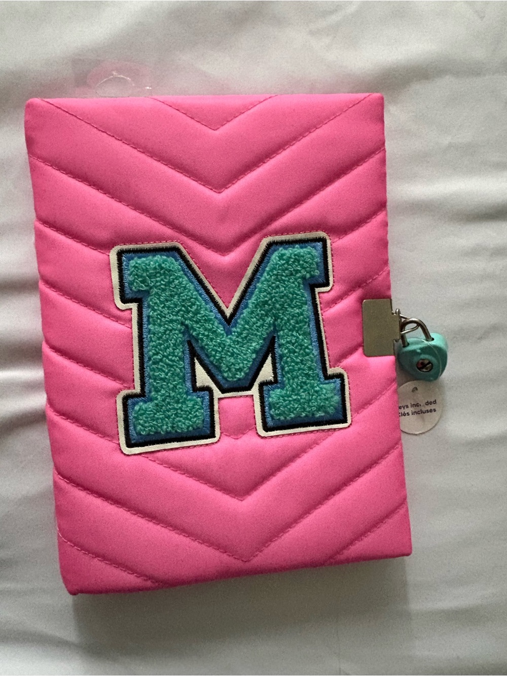 NWT Claire’s Pink Padded Chevron Initial "M" Plush Locking Journal & Keys